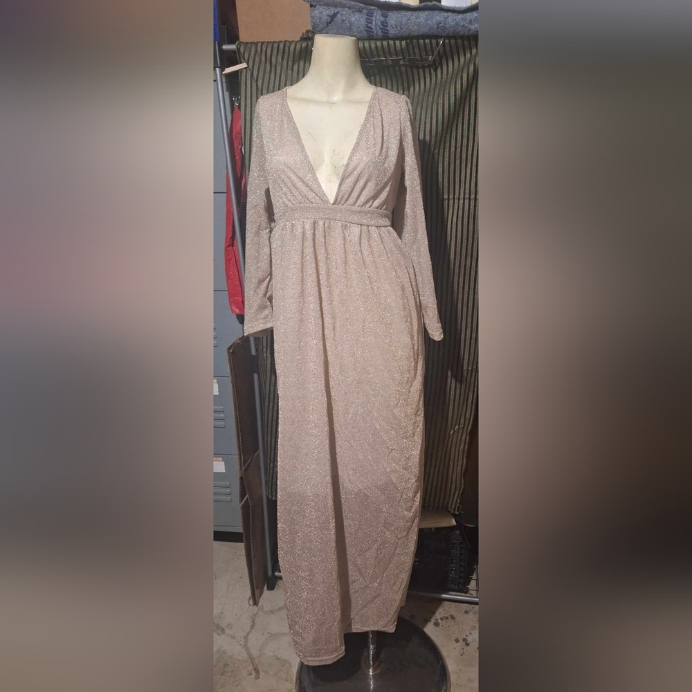 Womens Sexy Evening Dress Dp V-neck Golden Elegant Dress